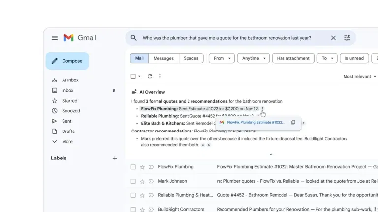 Gmail interface showing AI-generated summary of emails.