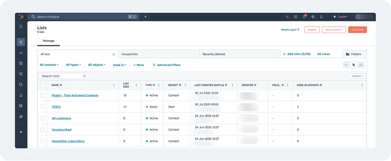 Lists in CRMs and mailing tools