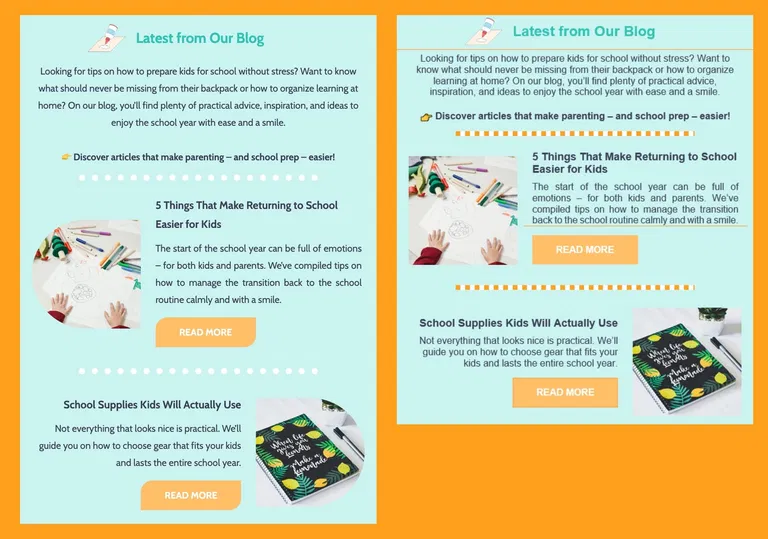 Direct layout comparison of the same email displayed on Gmail and Classic Outlook 2021 Blog update on school prep tips with sections on easing back-to-school for kids and essential supplies, featuring related images and links.