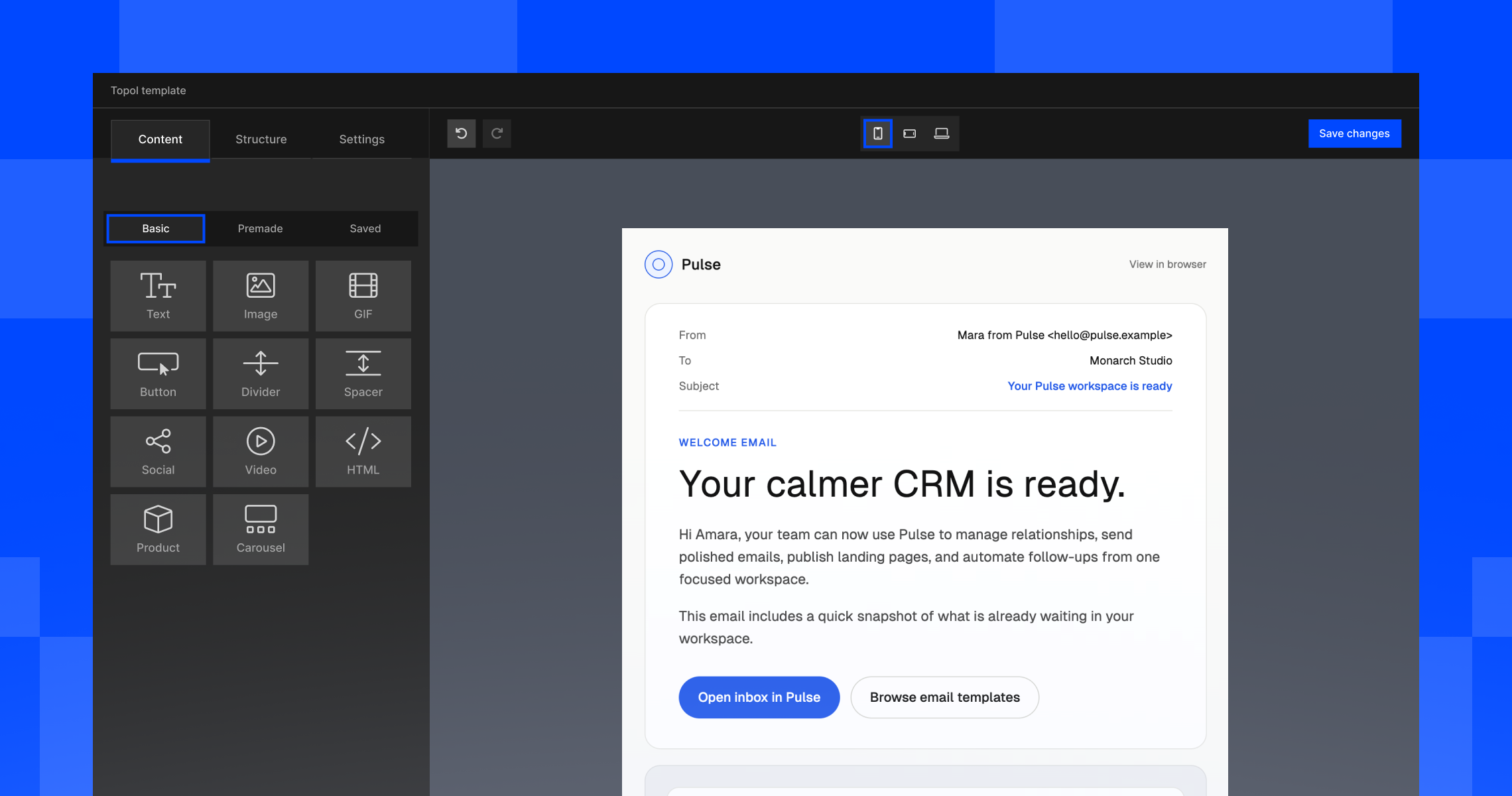 The TOPOL drag-and-drop editor building a welcome email template